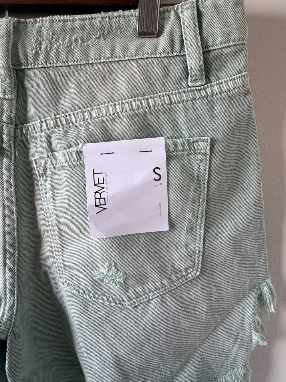 Vervet Sage Green Distressed Denim Shorts Size Small | Raw Hem High Rise| NWT - Picture 11 of 14